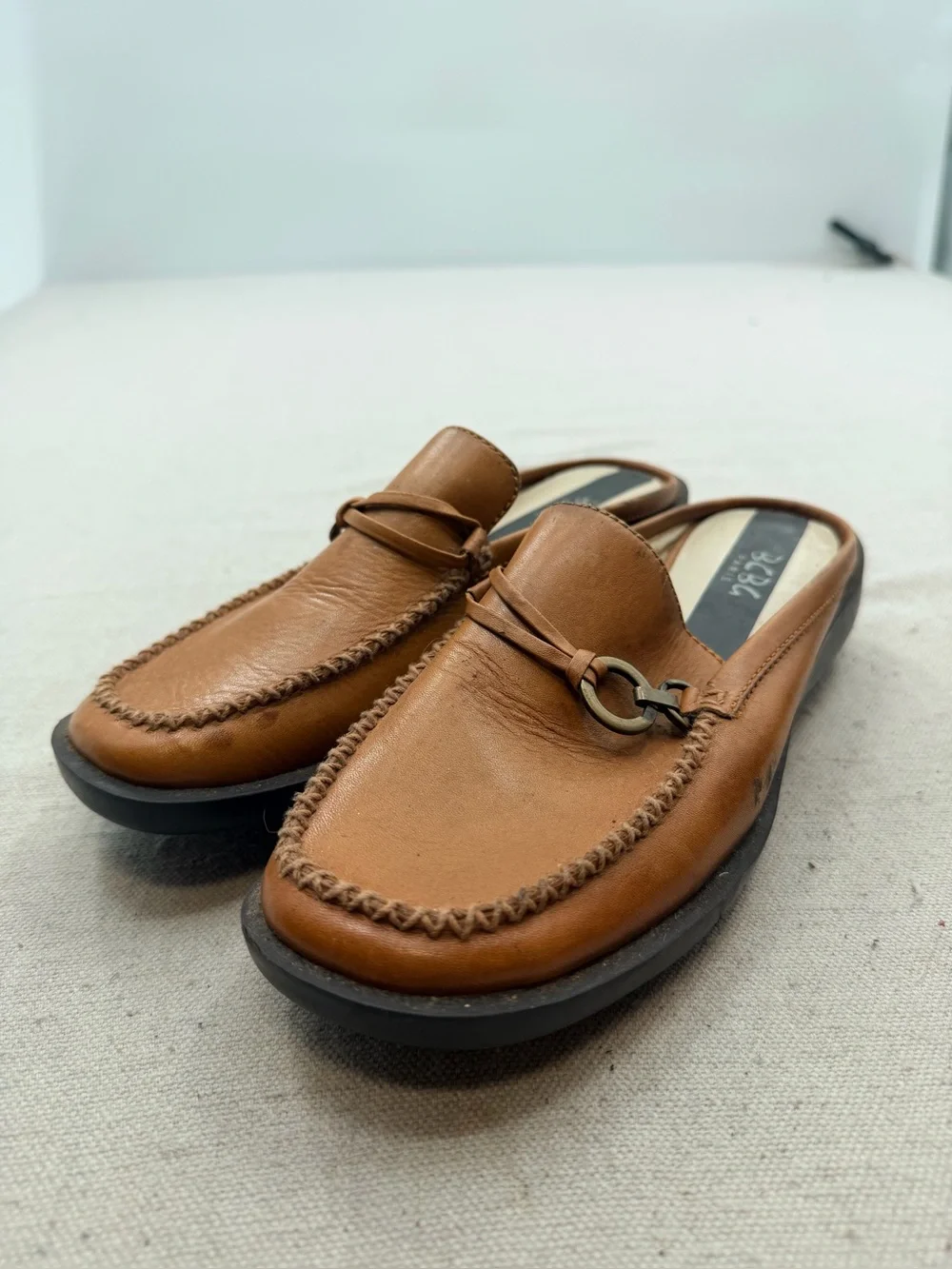 BCBG Paris Brown Leather Slip-On Loafers with Metal Bit